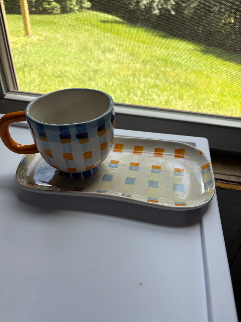 Anthropologie Orange & Blue Check Ceramic Cup and Tray Set